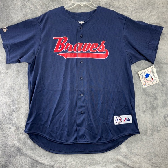 VTG NWT Atlanta Braves Majestic USA Made Jersey Adult XL Blue MLB Team Apparel - Picture 1 of 16